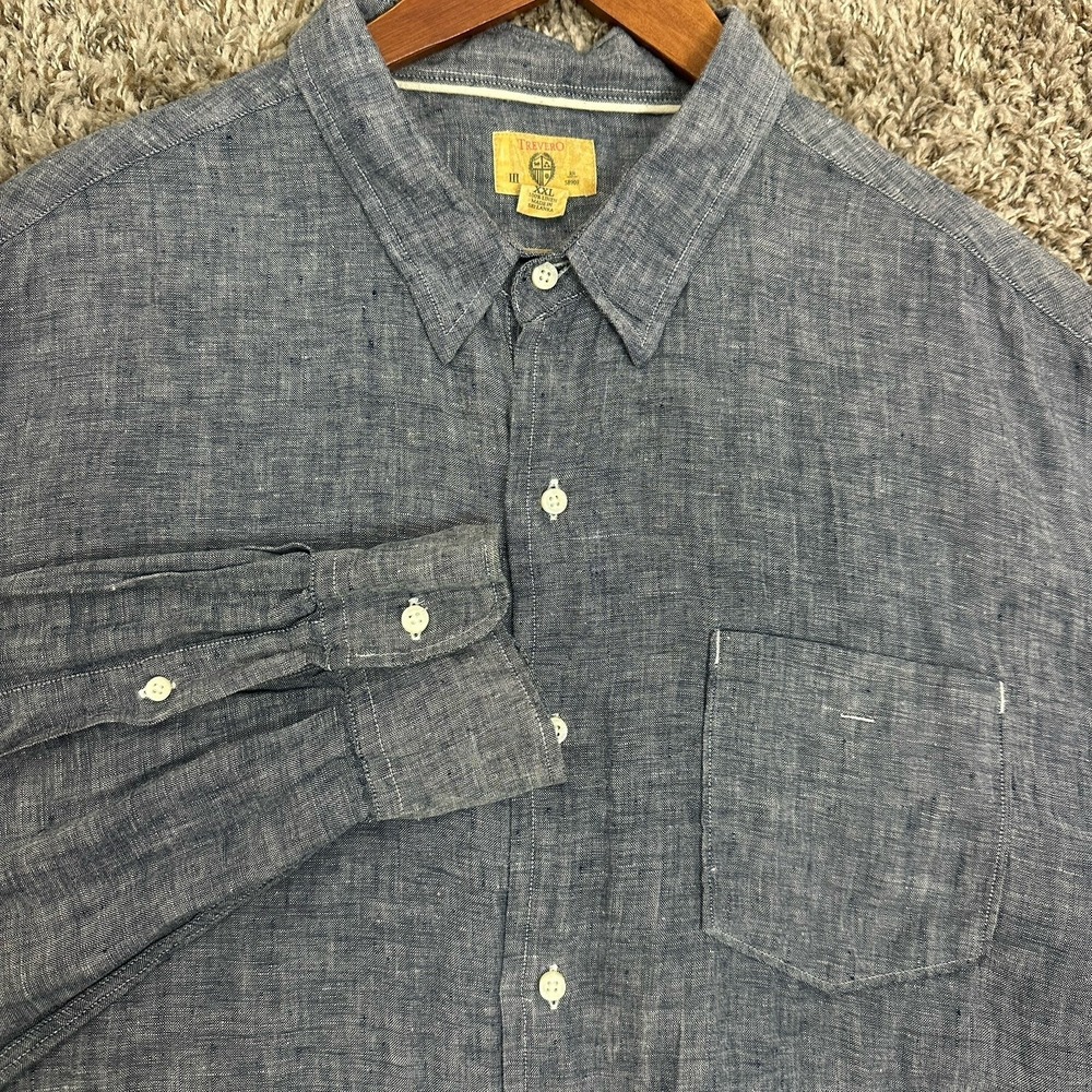 Trevero Shirt Men 2XL Blue Linen Button Up Slim Long Sleeve Casual Resort Beach